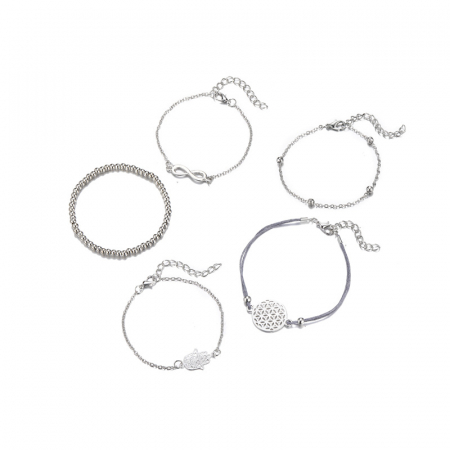 Set de 5 bratari finute cu diferite modele, semnul infinitului, mana hamsa, cu bilute, realizate manual, marime reglabila, Tessero, argintiu [3]