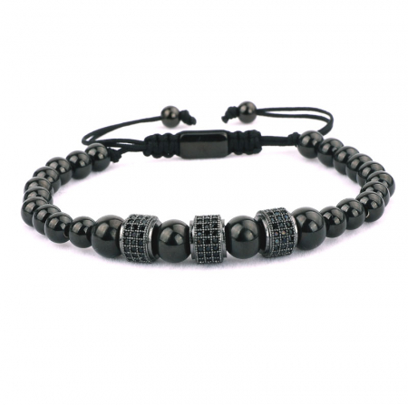 Bijuterii barbati - Set de 5 bratari luxury Hamsa cu bilute negre, model stil macrame cu snur reglabil, pietre zirconiu negru, otel inoxidabil, Tessero