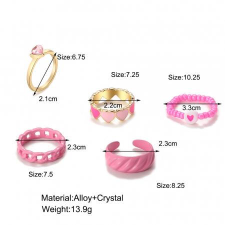 Bijuterii dama - Set de 5 inele de dama, diferite modele, forma de inima, placat cu aur, roz si auriu, Tessero