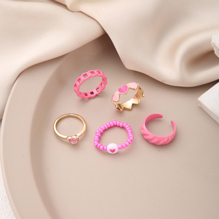 Set de 5 inele de dama, diferite modele, forma de inima, placat cu aur, roz si auriu, Tessero [2]