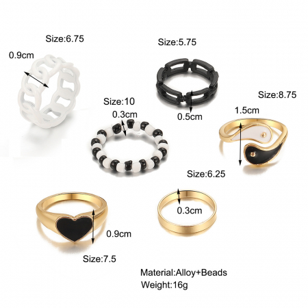Bijuterii dama - Set de 6 inele de dama Thai Chi Yin Yang, diferite modele, placat cu aur, negru si auriu, Tessero