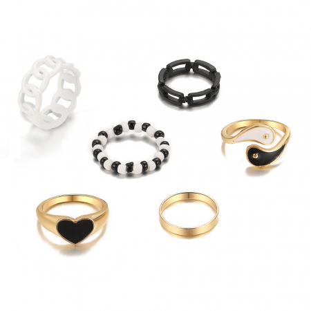 Set de 6 inele de dama Thai Chi Yin Yang, diferite modele, placat cu aur, negru si auriu, Tessero [2]