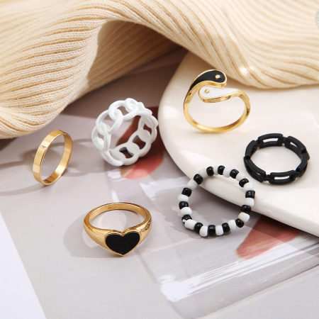 Set de 6 inele de dama Thai Chi Yin Yang, diferite modele, placat cu aur, negru si auriu, Tessero [1]