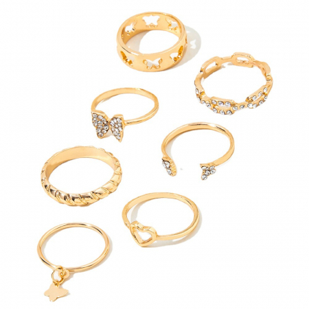 Set de 7 inele de dama, diferite modele cu inimioara si fluture, marime universala, pietre zirconiu, placate cu aur 18K, Tessero, auriu [1]