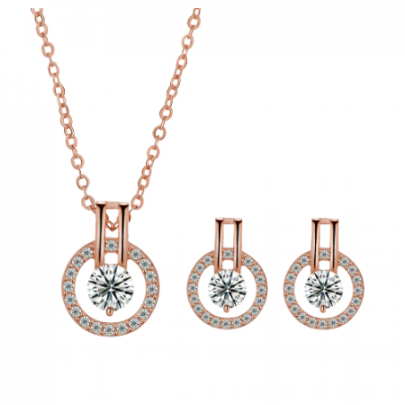 Bijuterii dama - Set de bijuterii de dama, cercei si lantisor cu pandantiv, pietre zirconiu, Tessero, rose gold