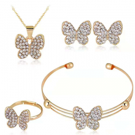 Bijuterii dama - Set de bijuterii de dama, lantisor, cercei, bratara si inel marime reglabila, model fluture, placata cu aur 18K, pietre zirconiu, auriu