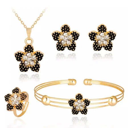 Set de bijuterii de dama, lantisor, cercei, bratara si inel marime reglabila, model in forma de floare, placata cu aur 18K, pietre zirconiu, auriu [2]