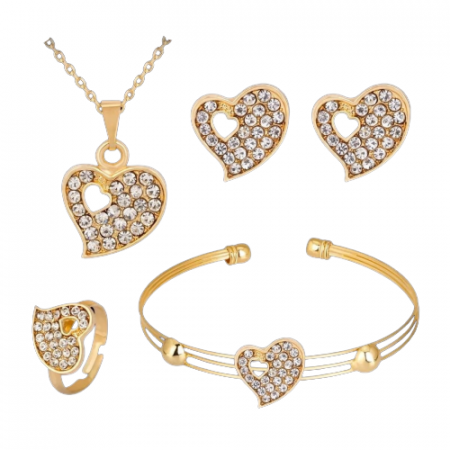 Bijuterii dama - Set de bijuterii de dama, lantisor, cercei, bratara si inel marime reglabila, model inima, placata cu aur 18K, pietre zirconiu, auriu