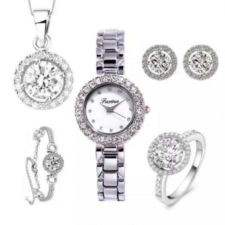 Ceasuri dama - Set de bijuterii de dama, lantisor cu pandantiv, bratara, cercei, inel si ceas de mana, mecanism quartz, otel inoxidabil, pietre zirconiu, argintiu, cutie cadou, Tessero