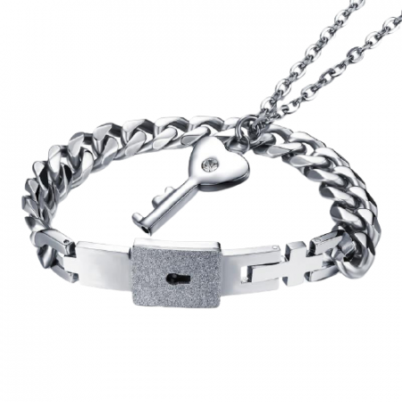 Bijuterii dama - Set de bratara si lantisor pentru cuplu, prieteni, model cu inchizatoare si cheie, otel inoxidabil, argintiu