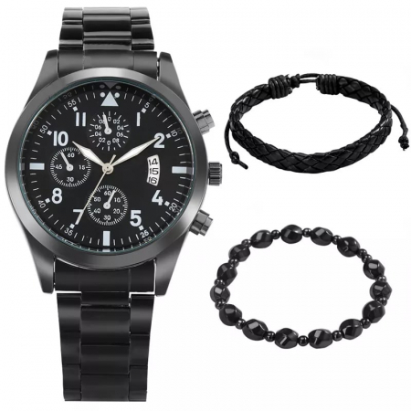 Ceasuri barbatesti - Set de Ceas analog si doua bratari din piele naturala si piatra semipretioasa, mecanism quartz, otel inoxidabil, cronograf, negru, cutie, Tessero