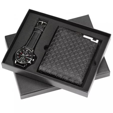 Ceasuri barbatesti - Set de Ceas analog si portofel din piele naturala, mecanism quartz, cronograf, Tessero, cutie, negru