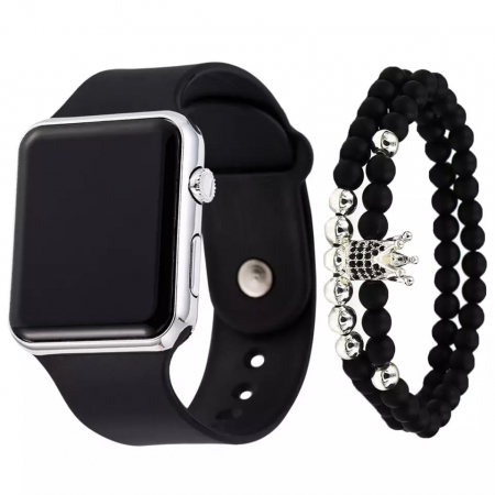 Ceasuri barbatesti - Set de Ceas digital cu led si doua bratari model coroana cu pietre zirconiu, mecanism quartz, curea din silicon, unisex, Tessero, argintiu
