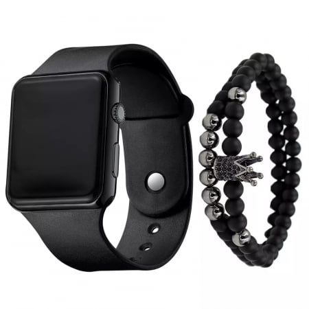 Ceasuri barbatesti - Set de Ceas digital cu led si doua bratari model coroana cu pietre zirconiu, mecanism quartz, curea din silicon, unisex, Tessero, negru