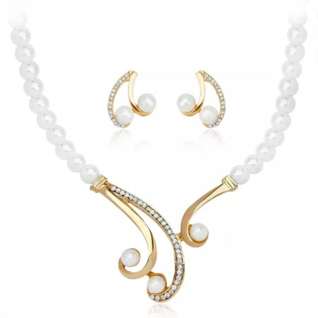 Bijuterii dama - Set de Colier baza gatului si Cercei de dama cu perle naturale si model auriu, placat cu aur 18K, pietre zirconiu, auriu