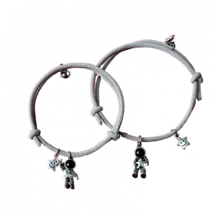 Bijuterii dama - Set de doua bratari astronaut cu pandantiv magnet pentru cuplu, prieteni, tip snur, reglabila, gri
