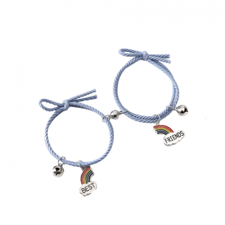 Bijuterii dama - Set de doua bratari cu magnet si clopotel tip snur pentru prieteni, lucrata manual, model in forma de curcubeu cu Best friends, marime reglabila, albastru