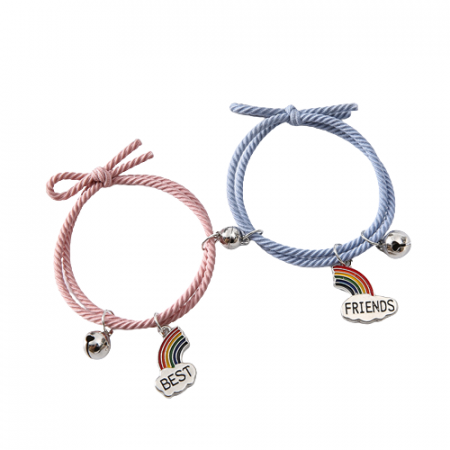 Bijuterii dama - Set de doua bratari cu magnet si clopotel tip snur pentru prieteni, lucrata manual, model in forma de curcubeu cu Best friends, marime reglabila, albastru si roz