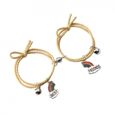 Bijuterii dama - Set de doua bratari cu magnet si clopotel tip snur pentru prieteni, lucrata manual, model in forma de curcubeu cu Best friends, marime reglabila, galben