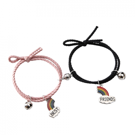 Set de doua bratari cu magnet si clopotel tip snur pentru prieteni, lucrata manual, model in forma de curcubeu cu Best friends, marime reglabila, roz si negru [1]