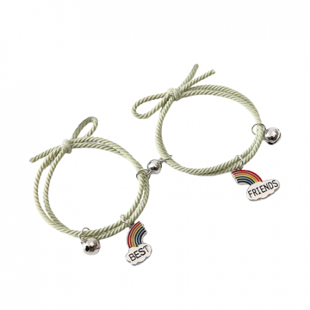 Bijuterii dama - Set de doua bratari cu magnet si clopotel tip snur pentru prieteni, lucrata manual, model in forma de curcubeu cu Best friends, marime reglabila, verde