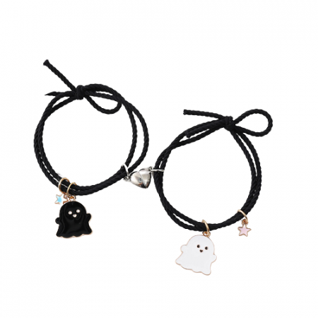 Set de doua bratari cu magnet tip snur pentru prieteni, lucrata manual, charm-uri animate cu fantome si stelute, Best friends, marime reglabila, Tessero, negru [3]
