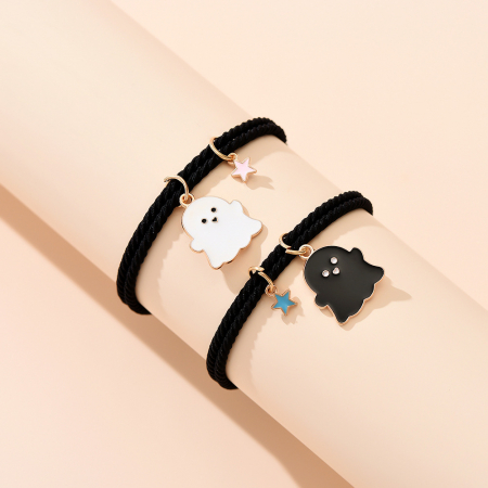 Set de doua bratari cu magnet tip snur pentru prieteni, lucrata manual, charm-uri animate cu fantome si stelute, Best friends, marime reglabila, Tessero, negru [2]