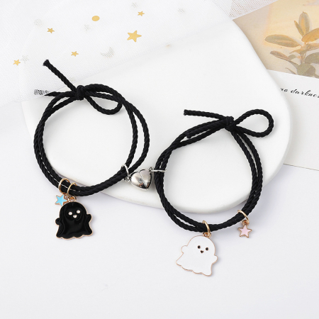 Bijuterii dama - Set de doua bratari cu magnet tip snur pentru prieteni, lucrata manual, charm-uri animate cu fantome si stelute, Best friends, marime reglabila, Tessero, negru