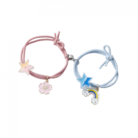 Bijuterii dama - Set de doua bratari cu magnet tip snur pentru prieteni, lucrata manual, charm-uri animate cu floare si curcubeu, Best friends, marime reglabila, Tessero, roz si albastru