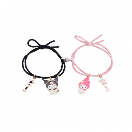 Set de doua bratari cu magnet tip snur pentru prieteni, lucrata manual, charm-uri animate cu pisicuta si iepuras, Best friends, marime reglabila, roz si negru [1]