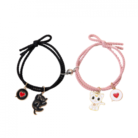 Bijuterii dama - Set de doua bratari cu magnet tip snur pentru prieteni, lucrata manual, charm-uri animate cu pisicute, Best friends, marime reglabila, Tessero, negru si roz