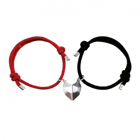 Bijuterii dama - Set de doua bratari cu pandantiv inima magnet pentru cuplu, prieteni, tip snur, reglabila, rosu si negru