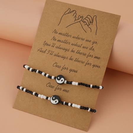 Set de doua bratari din margele, model Tai Chi Yin si Yang, marime reglabila, unisex, Tessero, alb si negru [1]