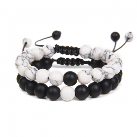 Bijuterii barbati - Set de doua bratari din piatra naturala, onix mat, marime reglabila pe snur, unisex, Tessero, negru si alb