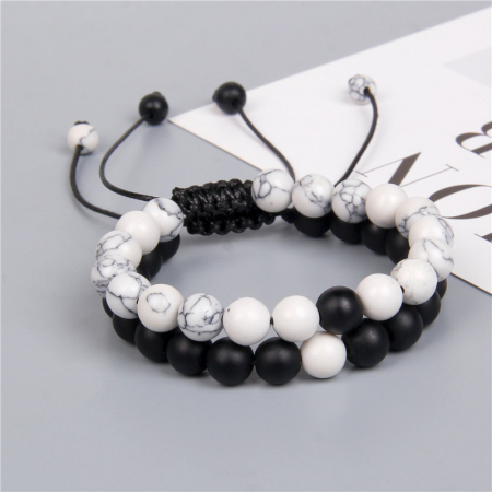 Set de doua bratari din piatra naturala, onix mat, marime reglabila pe snur, unisex, Tessero, negru si alb [1]