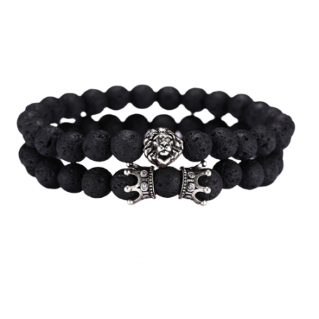 Bijuterii barbati - Set de doua bratari din roca vulcanica, model cu cap de leu si coroana, Tessero, negru