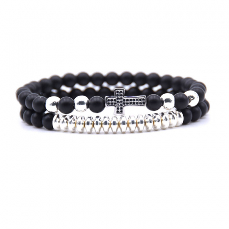 Bijuterii barbati - Set de doua bratari elastice din piatra naturala, onix mat, model cu cruce placata cu pietre din zirconiu negru si aur 18K, Tessero, argintiu
