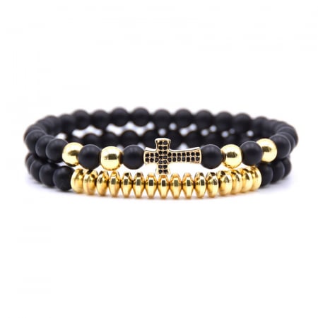 Bijuterii barbati - Set de doua bratari elastice din piatra naturala, onix mat, model cu cruce placata cu pietre din zirconiu negru si aur 18K, Tessero, auriu
