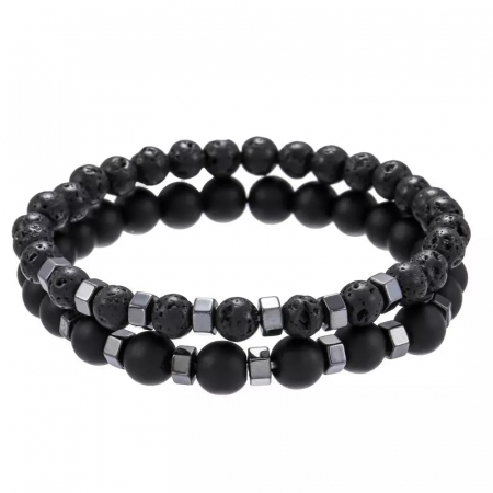 Bijuterii barbati - Set de doua bratari elastice din roca vulcanica si onix, Tessero, negru