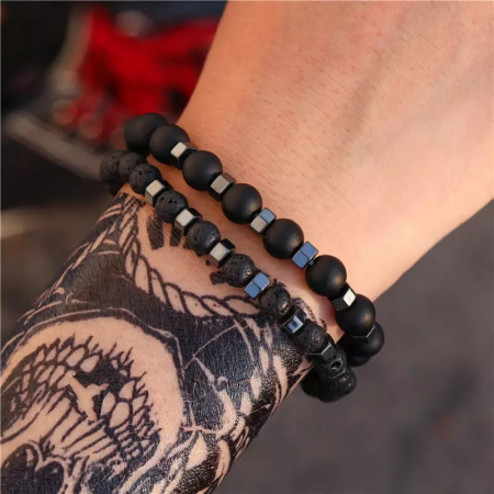 Set de doua bratari elastice din roca vulcanica si onix, Tessero, negru [2]
