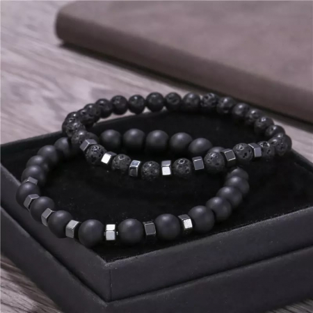 Set de doua bratari elastice din roca vulcanica si onix, Tessero, negru [3]