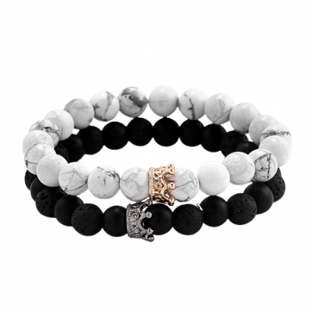 Set de doua bratari elastice pentru cupluri, prieteni, din piatra semipretioasa, roca vulcanica, model cu coroana, unisex, Tessero, alb si negru [1]