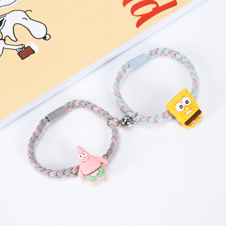 Set de doua bratari impletite pentru prieteni, BFF, model cu figurine animate din Sponge Bob, tip snur, lucrata manual, charm-uri cu magnet, Tessero [1]