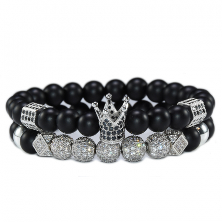 Bijuterii barbati - Set de doua bratari luxury cu coroana si bilute cu pietre din zirconiu, argintiu