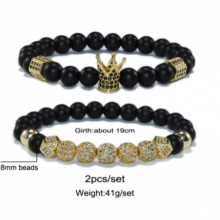 Set de doua bratari luxury cu coroana si bilute cu pietre din zirconiu, auriu [1]