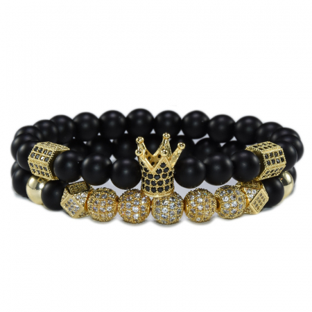Bijuterii barbati - Set de doua bratari luxury cu coroana si bilute cu pietre din zirconiu, auriu