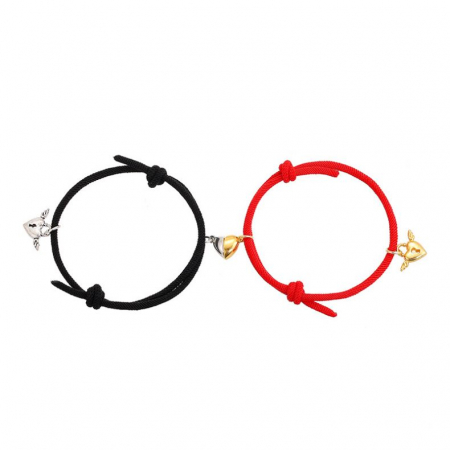 Bijuterii dama - Set de doua bratari tip snur cu pandantiv magnet pentru cuplu, prieteni, charm lacat, marime reglabila, negru si rosu, Tessero