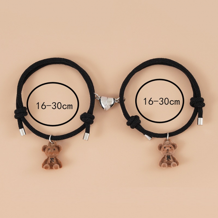 Set de doua bratari tip snur cu pandantiv magnet pentru cuplu, prieteni, charm ursuleti, marime reglabila, negru, Tessero [1]