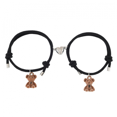 Set de doua bratari tip snur cu pandantiv magnet pentru cuplu, prieteni, charm ursuleti, marime reglabila, negru, Tessero [2]