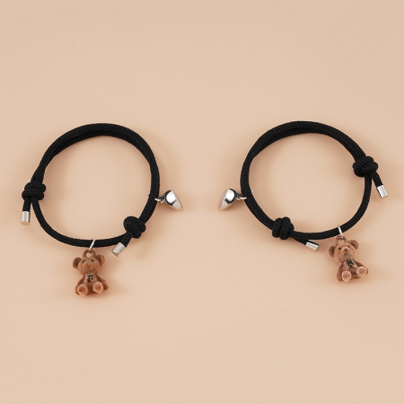 Bijuterii dama - Set de doua bratari tip snur cu pandantiv magnet pentru cuplu, prieteni, charm ursuleti, marime reglabila, negru, Tessero